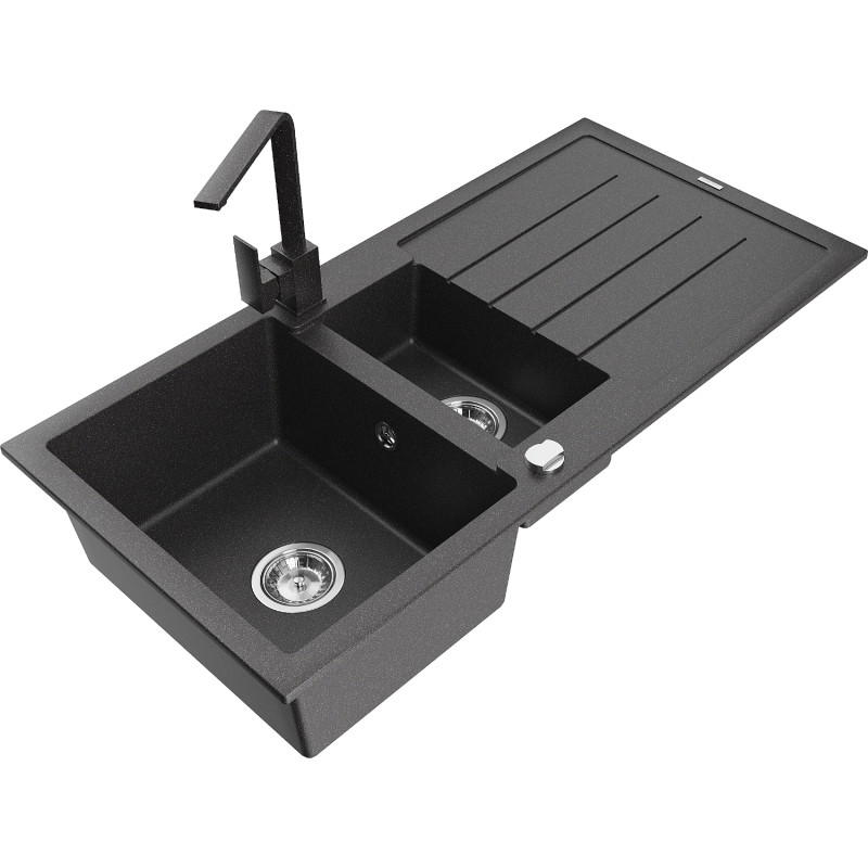 Mexen Andres granite sink 1.5-bowl with drainer and Rita kitchen faucet, black speckled - 6515-76-670300-76