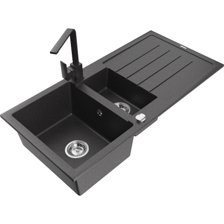 Mexen Andres granite sink 1.5-bowl with drainer and kitchen faucet Rita, speckled black - 6515-76-670300-76
