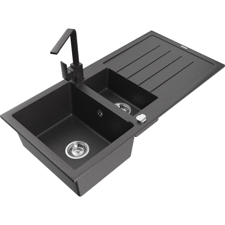 Mexen Andres granite sink 1.5-bowl with drainer and kitchen tap Rita, speckled black - 6515-76-670300-76