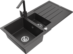 Mexen Andres granite sink 1.5-bowl with drainer and kitchen faucet Rita, speckled black - 6515-76-670300-76