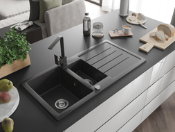 Mexen Andres granite sink 1.5-bowl with drainer and kitchen faucet Rita, speckled black - 6515-76-670300-76