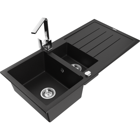 Mexen Andres 1.5-bowl granite kitchen sink with drainer and Rita faucet, black - 6515-77-670300-00