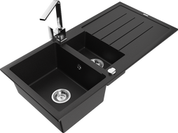 Mexen Andres granite sink 1.5-bowl with drainer and kitchen faucet Rita, black - 6515-77-670300-00