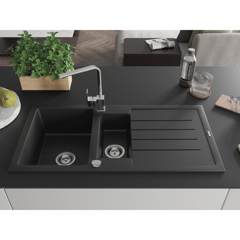 Mexen Andres 1.5-bowl granite kitchen sink with drainer and Rita faucet, black - 6515-77-670300-00