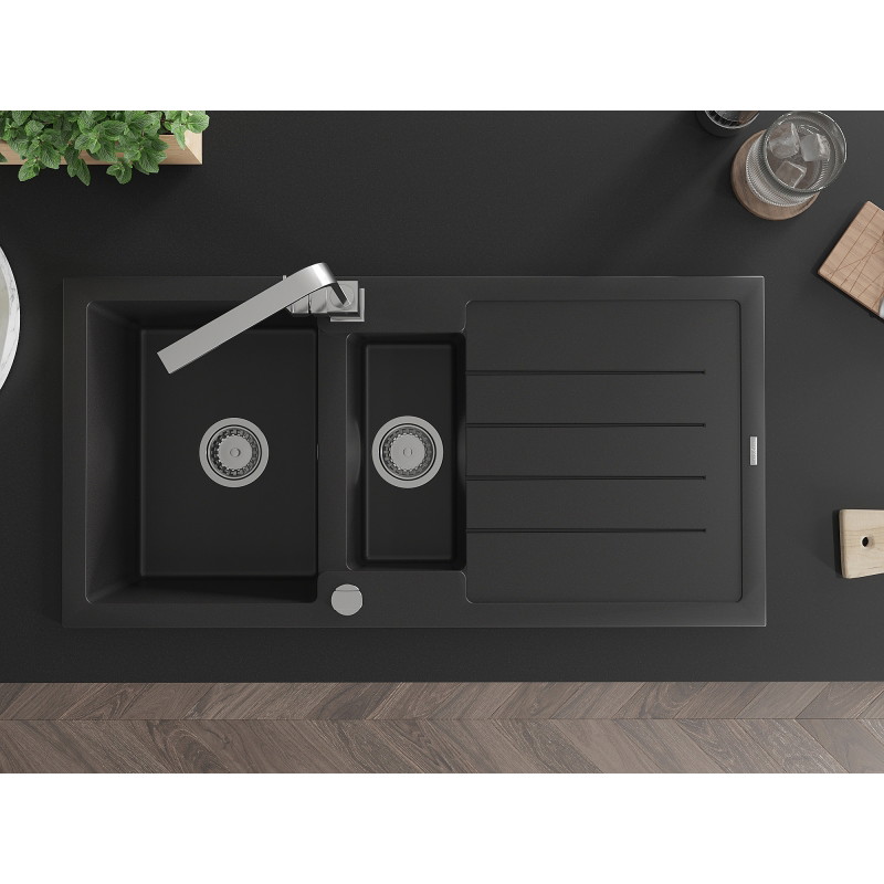 Mexen Andres granite sink 1.5-bowl with drainer and kitchen faucet Rita, black - 6515-77-670300-00