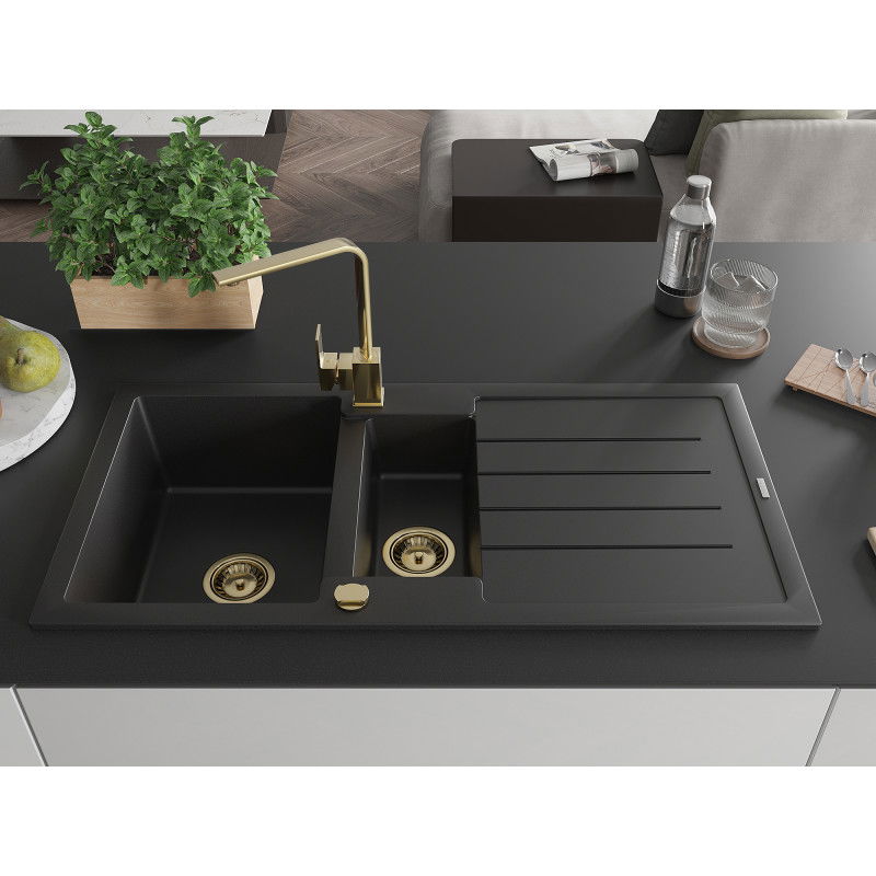 Mexen Andres granite sink 1.5-bowl with drainer and Rita kitchen tap, black - 6515-77-670300-50