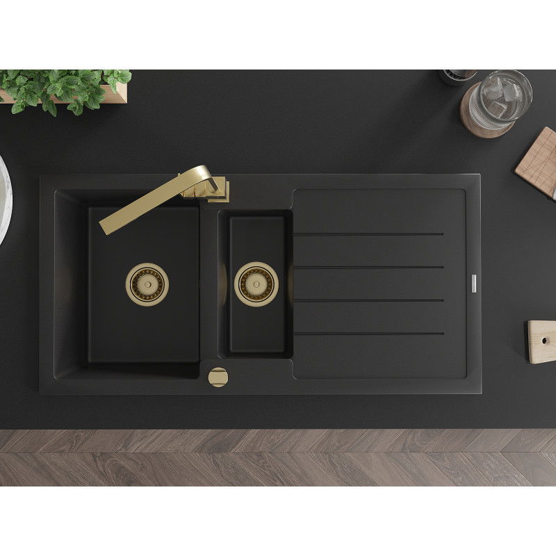 Mexen Andres granite sink 1.5-bowl with drainer and Rita kitchen tap, black - 6515-77-670300-50