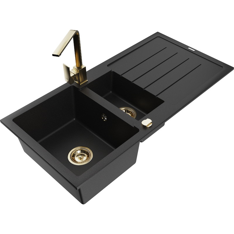 Mexen Andres granite sink 1.5-bowl with drainer and kitchen faucet Rita, black - 6515-77-670300-50