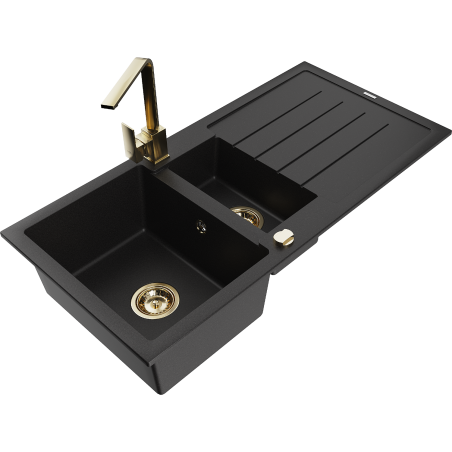 Mexen Andres granite sink 1.5-bowl with drainer and kitchen faucet Rita, black - 6515-77-670300-50