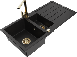 Mexen Andres granite sink 1.5-bowl with drainer and kitchen faucet Rita, black - 6515-77-670300-50
