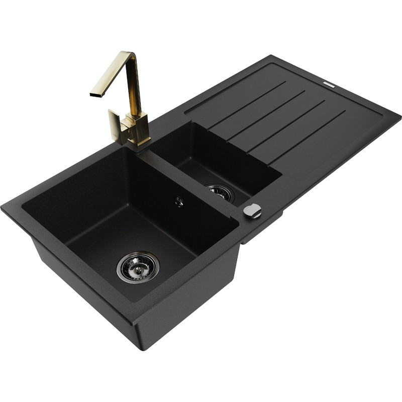 Mexen Andres 1.5-bowl granite sink with drainer and kitchen faucet Rita, black - 6515-77-670300-50-B