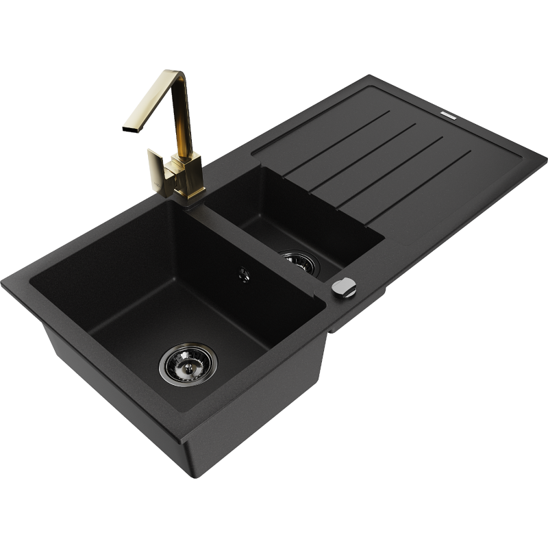 Mexen Andres granite sink 1.5-bowl with drainer and Rita kitchen faucet, black - 6515-77-670300-50-B