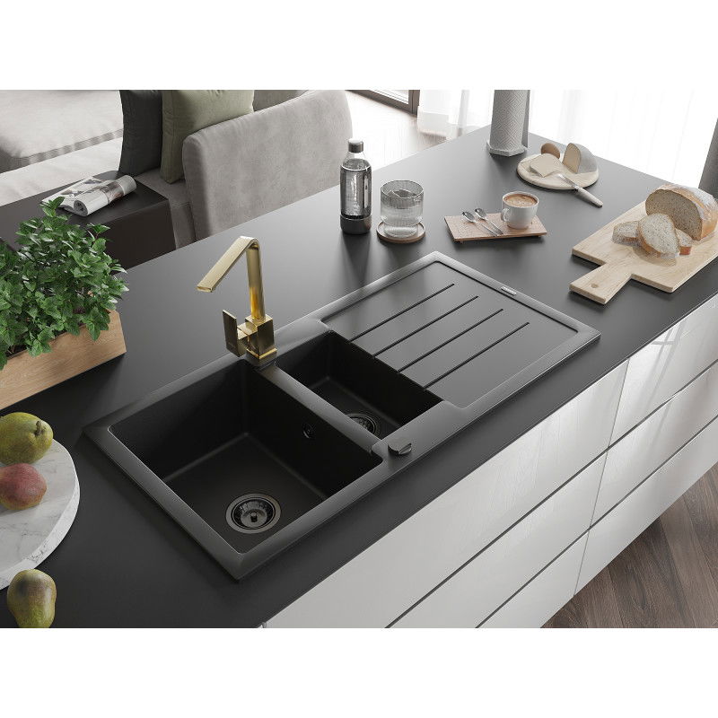Mexen Andres granite sink 1.5-bowl with drainer and Rita kitchen faucet, black - 6515-77-670300-50-B