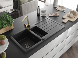 Mexen Andres granite sink 1.5-bowl with drainer and Rita kitchen faucet, black - 6515-77-670300-50-B