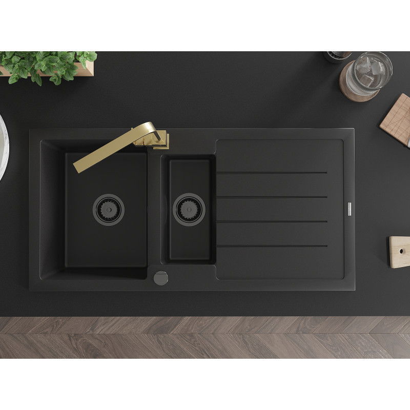Mexen Andres granite sink 1.5-bowl with drainer and Rita kitchen faucet, black - 6515-77-670300-50-B