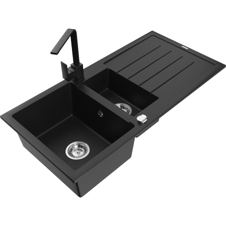 Mexen Andres granite sink 1.5-bowl with drainer and kitchen faucet Rita, black - 6515-77-670300-70
