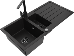 Mexen Andres granite sink 1.5-bowl with drainer and kitchen faucet Rita, black - 6515-77-670300-70-B