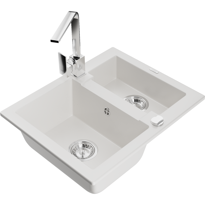 Mexen Carlos 1.5-bowl granite kitchen sink with Rita tap, white - 6518-20-670300-00