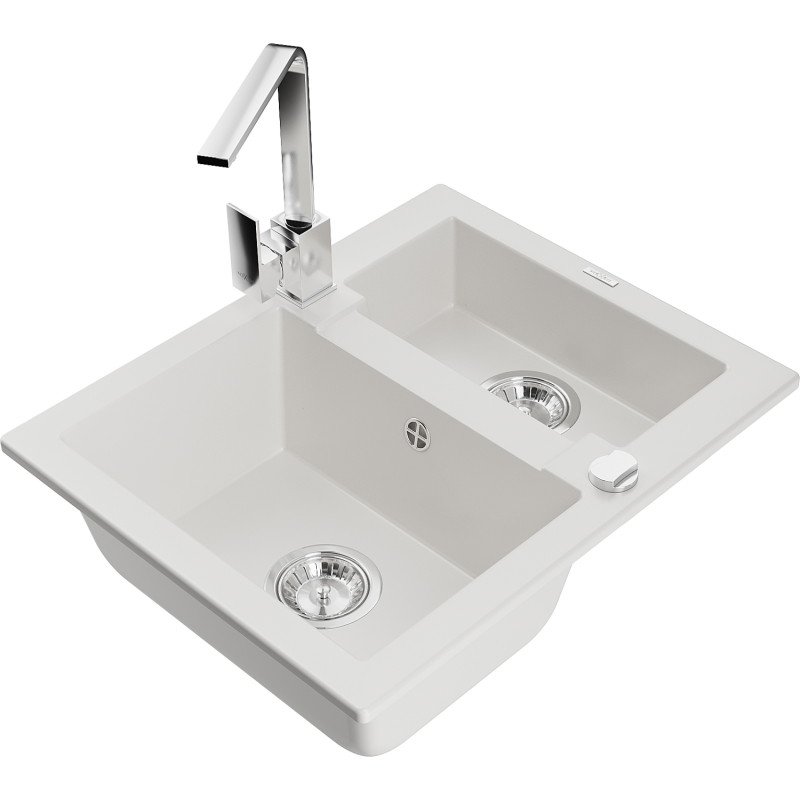 Mexen Carlos 1.5-bowl granite sink with Rita kitchen faucet, white - 6518-20-670300-00