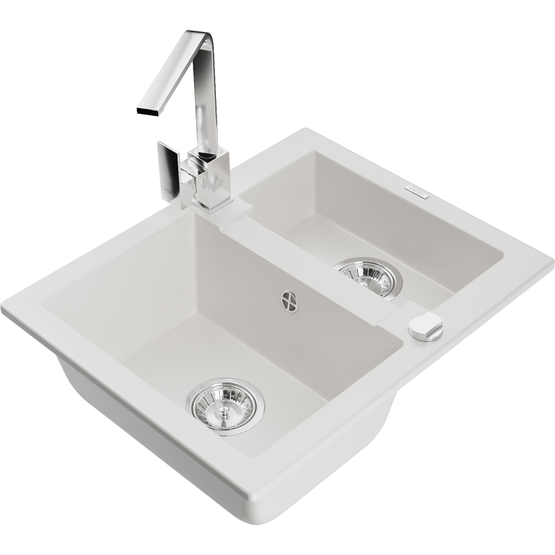 Mexen Carlos 1,5-compartment granite sink with a kitchen mixer tap Rita, White - 6518-20-670300-00