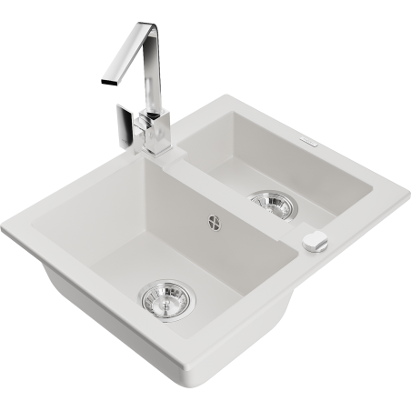 Mexen Carlos 1.5-bowl granite kitchen sink with Rita tap, white - 6518-20-670300-00