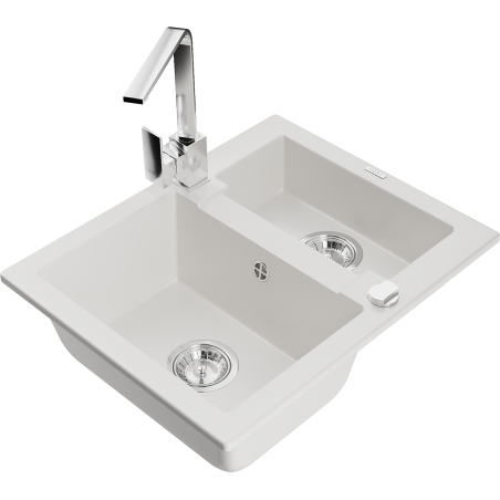Mexen Carlos 1.5-bowl granite sink with Rita kitchen faucet, white - 6518-20-670300-00