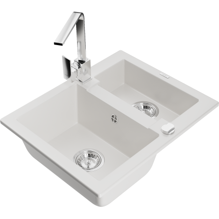Mexen Carlos 1,5-compartment granite sink with a kitchen mixer tap Rita, White - 6518-20-670300-00