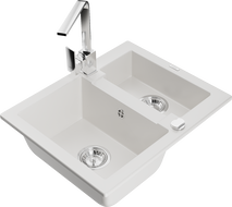 Mexen Carlos 1.5-bowl granite sink with Rita kitchen faucet, white - 6518-20-670300-00