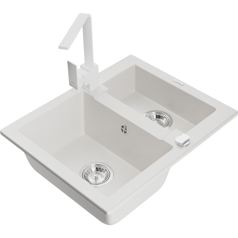 Mexen Carlos 1.5-bowl granite sink with Rita kitchen faucet, white - 6518-20-670300-20