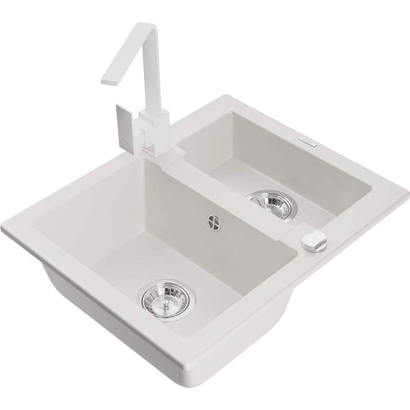 Mexen Carlos 1.5-bowl granite sink with Rita kitchen tap, white - 6518-20-670300-20