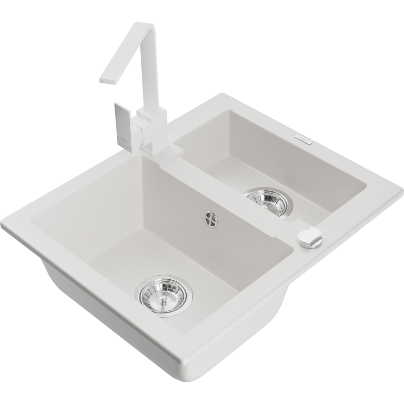 Mexen Carlos 1,5-compartment granite sink with a kitchen mixer tap Rita, White - 6518-20-670300-20