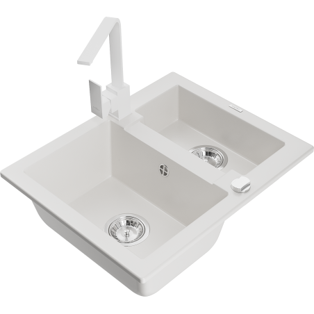Mexen Carlos 1.5-bowl granite sink with Rita kitchen faucet, white - 6518-20-670300-20