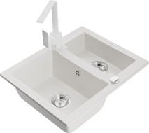 Mexen Carlos 1.5-bowl granite sink with Rita kitchen faucet, white - 6518-20-670300-20