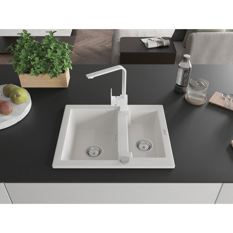 Mexen Carlos 1.5-bowl granite sink with Rita kitchen tap, white - 6518-20-670300-20