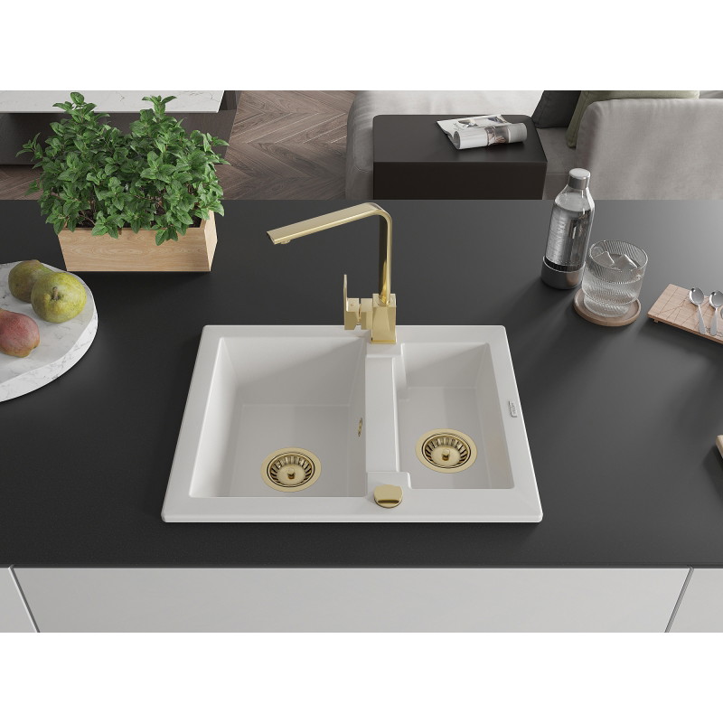 Mexen Carlos 1.5-bowl granite sink with Rita kitchen faucet, white - 6518-20-670300-50