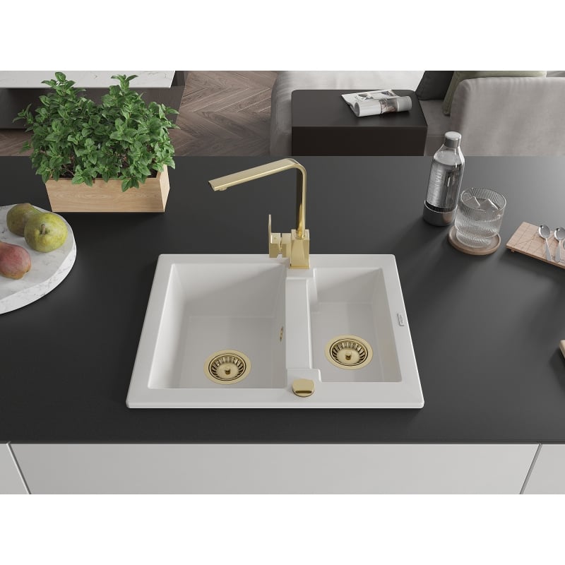 Mexen Carlos granite sink 1.5-bowl with Rita kitchen faucet, white - 6518-20-670300-50