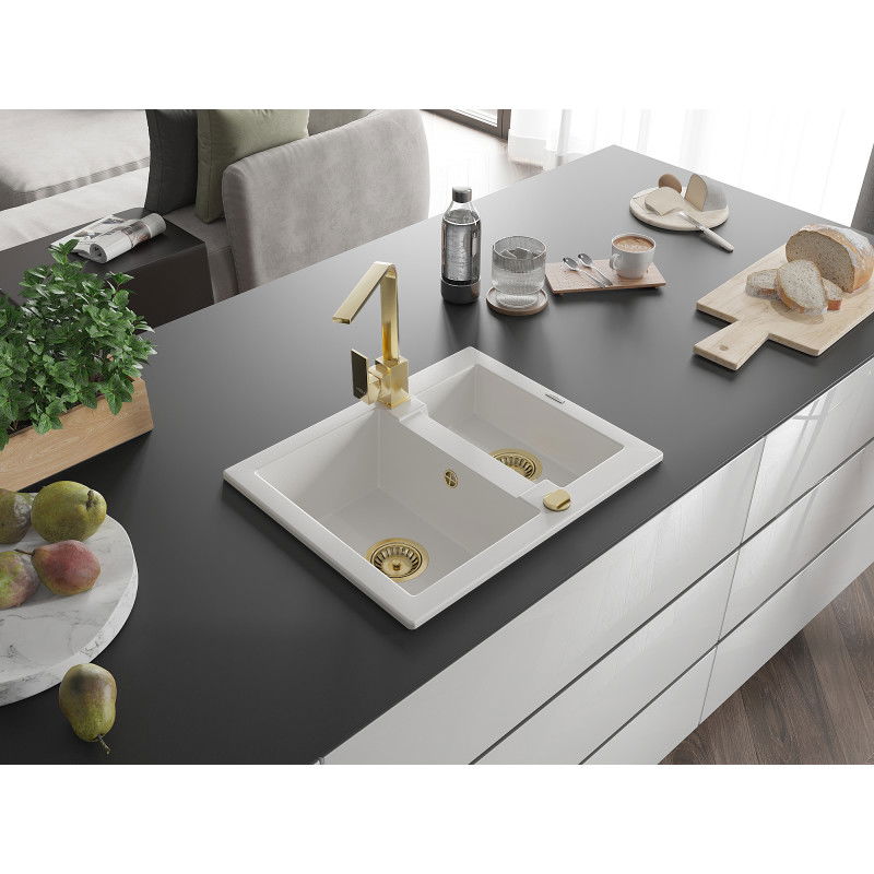 Mexen Carlos 1.5-bowl granite sink with Rita kitchen tap, white - 6518-20-670300-50