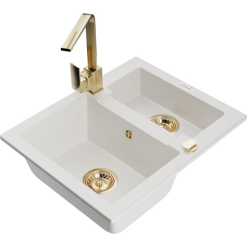 Mexen Carlos 1.5-bowl granite sink with Rita kitchen faucet, white - 6518-20-670300-50