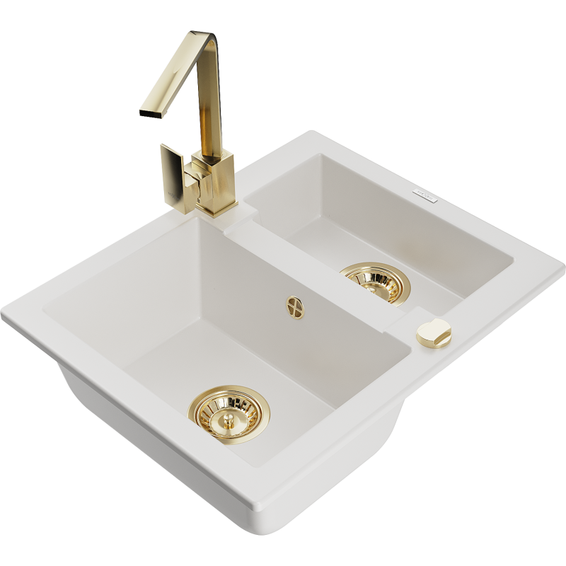 Mexen Carlos 1.5-bowl granite sink with Rita kitchen tap, white - 6518-20-670300-50
