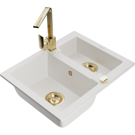 Mexen Carlos 1.5-bowl granite sink with Rita kitchen faucet, white - 6518-20-670300-50