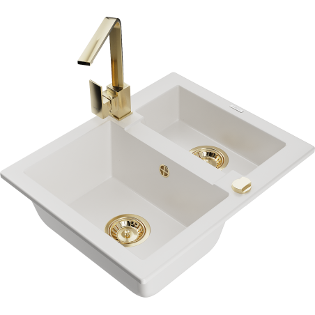 Mexen Carlos 1.5-bowl granite sink with Rita kitchen tap, white - 6518-20-670300-50
