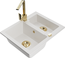 Mexen Carlos 1,5-compartment granite sink with a kitchen mixer tap Rita, White - 6518-20-670300-50
