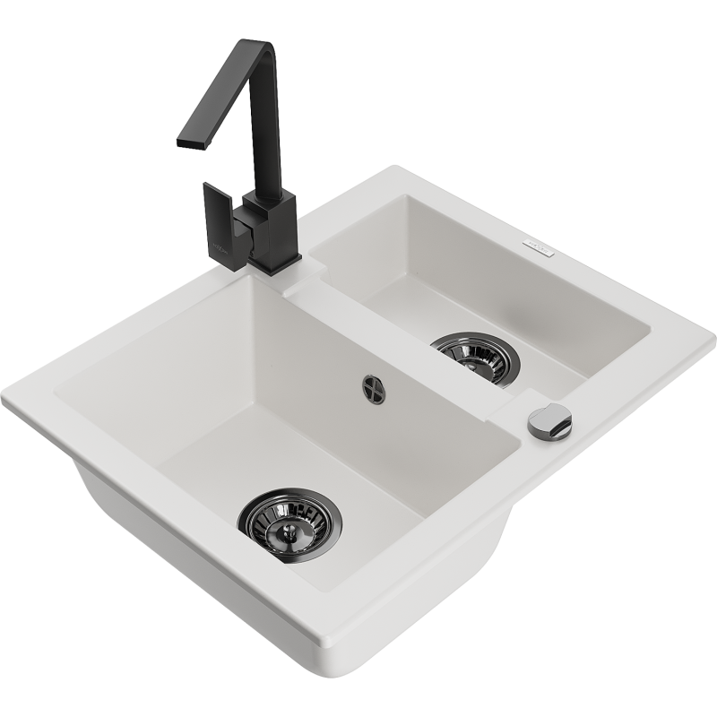 Mexen Carlos 1,5-compartment granite sink with a kitchen mixer tap Rita, White - 6518-20-670300-70