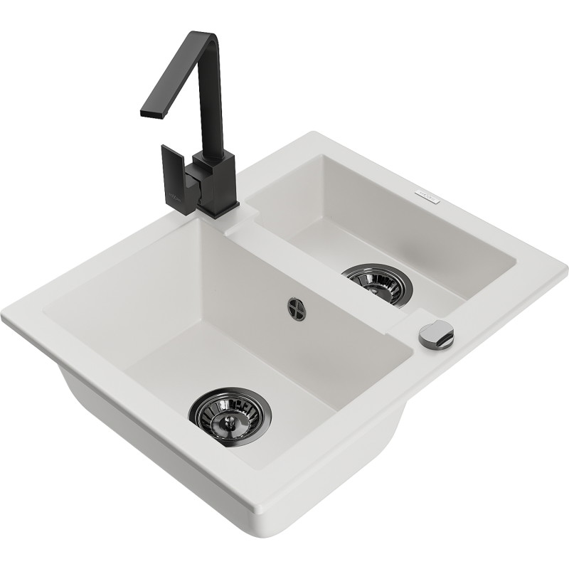 Mexen Carlos granite kitchen sink 1.5-bowl with Rita kitchen faucet, white - 6518-20-670300-70
