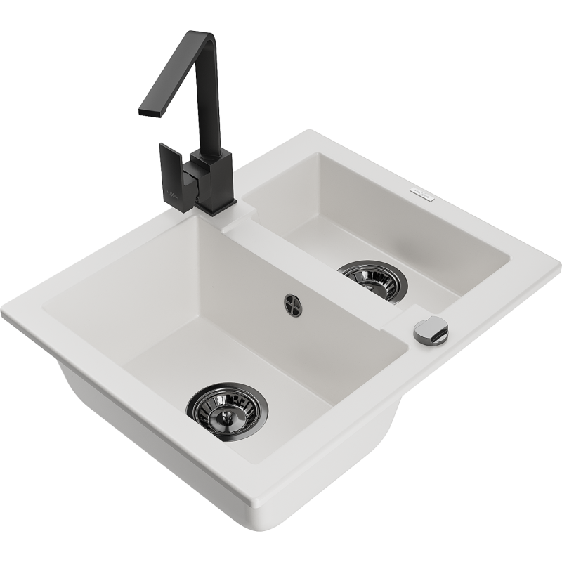 Mexen Carlos granite sink 1.5-bowl with Rita kitchen tap, white - 6518-20-670300-70