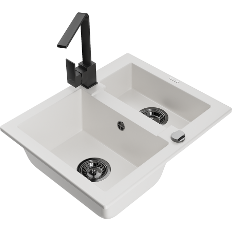 Mexen Carlos granite sink 1.5-bowl with Rita kitchen tap, white - 6518-20-670300-70