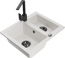 Mexen Carlos granite sink 1.5-bowl with Rita kitchen faucet, white - 6518-20-670300-70