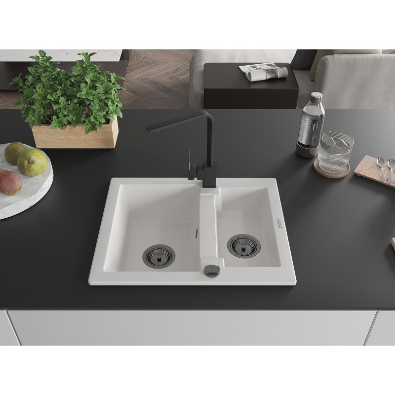 Mexen Carlos granite kitchen sink 1.5-bowl with Rita kitchen faucet, white - 6518-20-670300-70