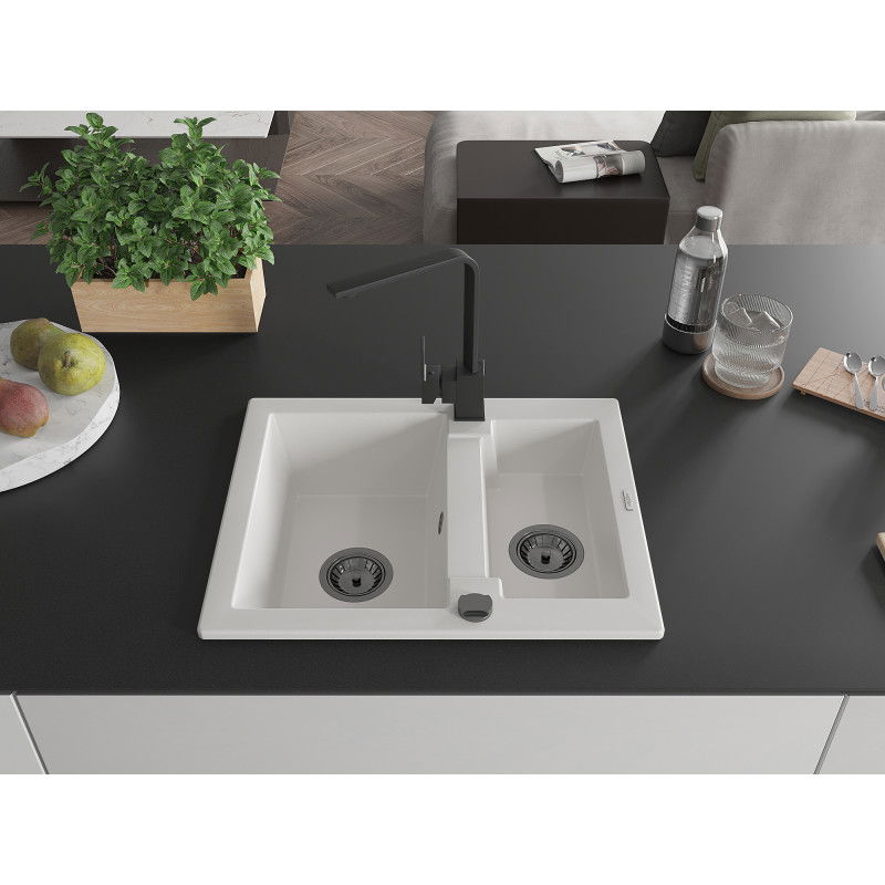Mexen Carlos granite sink 1.5-bowl with Rita kitchen tap, white - 6518-20-670300-70