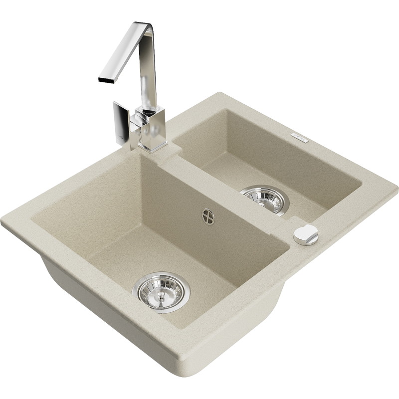 Mexen Carlos 1.5-bowl granite sink with Rita kitchen faucet, beige - 6518-69-670300-00